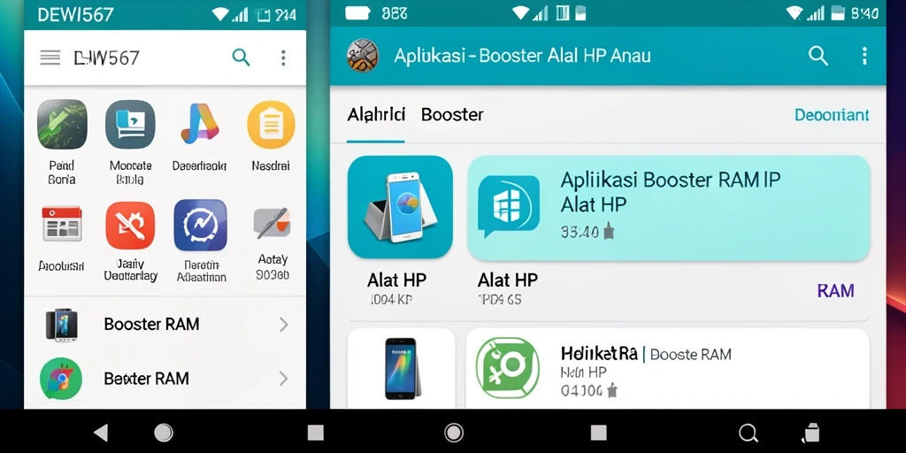 Screenshot antarmuka pengguna DEWI567 menunjukkan fitur Booster RAM yang efisien.
