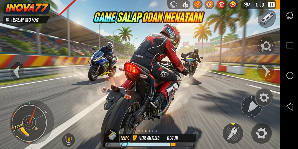 Tangkapan layar utama INOVA77 menunjukkan balapan motor yang seru dan menegangkan.